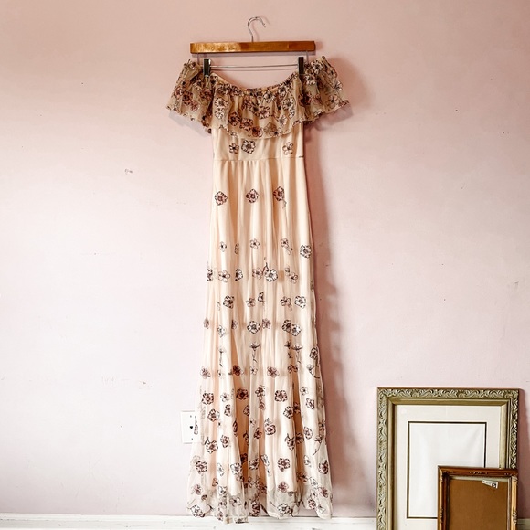 • blush embroidered floral off the shoulder gown • - Picture 3 of 16